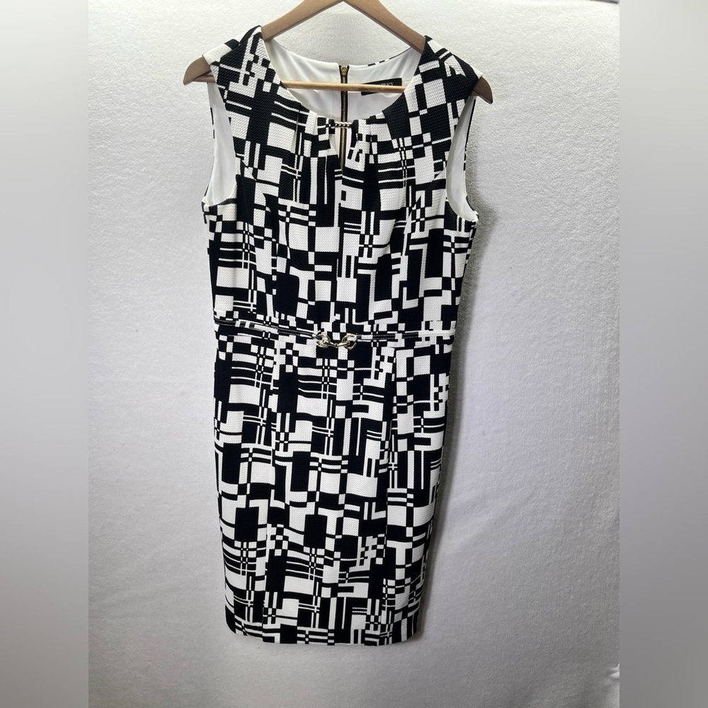 Ellen‎ Tracy Black White Geometric Pattern Dress Womens 10 Casual Office 2493